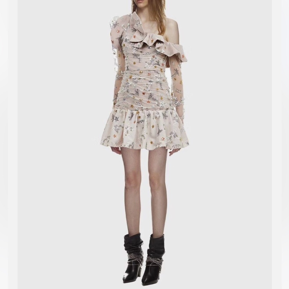 NWT Rosalind Floral & Star Embroidered Sequin One-Shoulder Dress